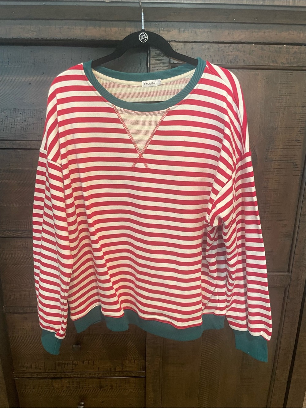 Striped Crewneck Sweater in Red & White with Green Trim BNWOT